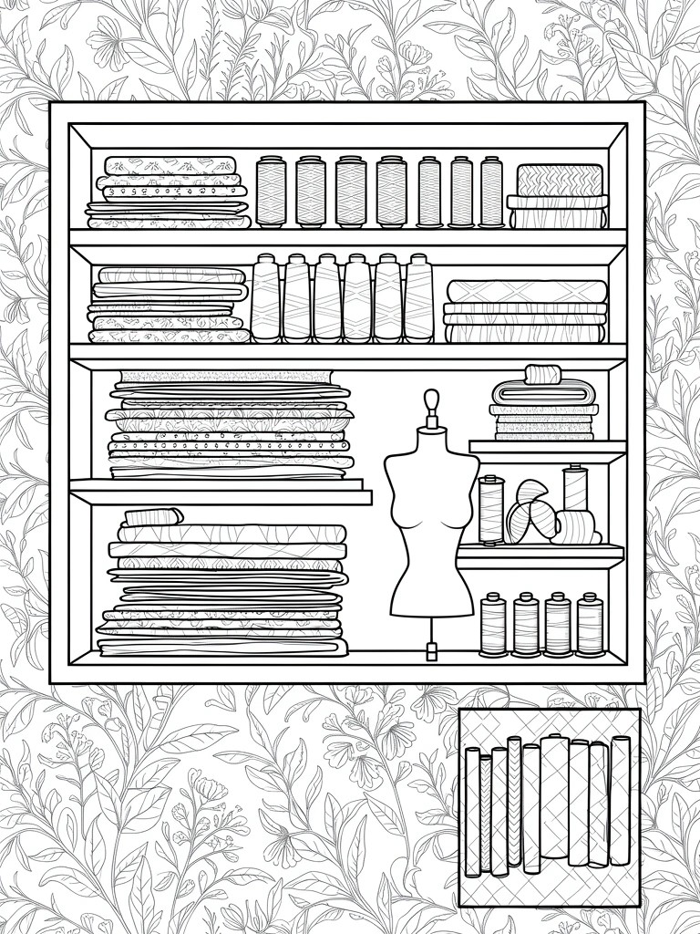 Line drawing of an open bookshelf cabinet stocked with folded fabrics, thread spools, books, and a mannequin amid leafy border patterns.