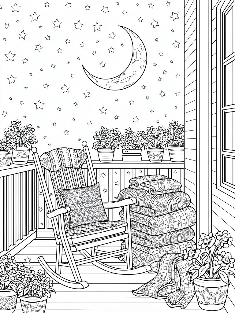 Line art of a balcony porch at night with rocking chair, stacked blankets, potted flowers, stars, and crescent moon.