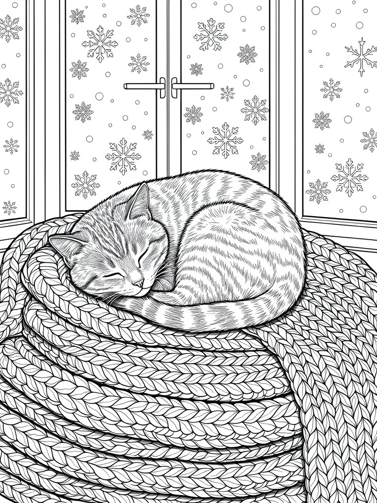 Line art of a sleeping tabby cat curled on knitted yarn in front of a window covered in snowflakes.