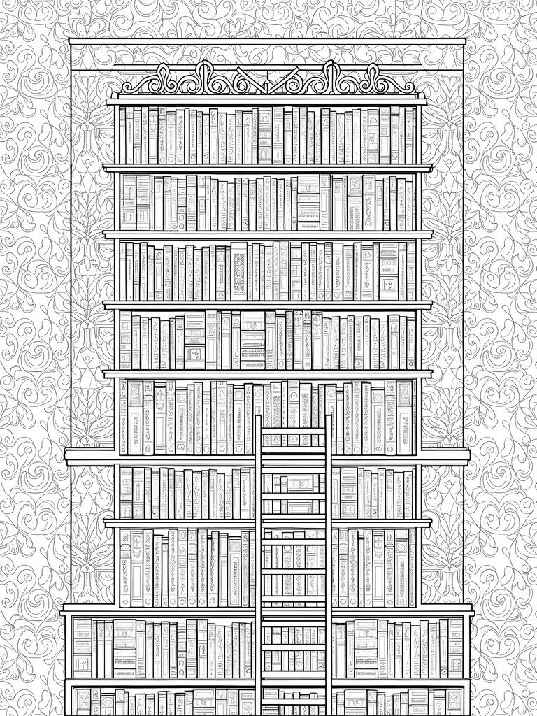 Line art of a tall ornate bookshelf filled with books across multiple levels, centered on a ladder, framed by swirling patterns.