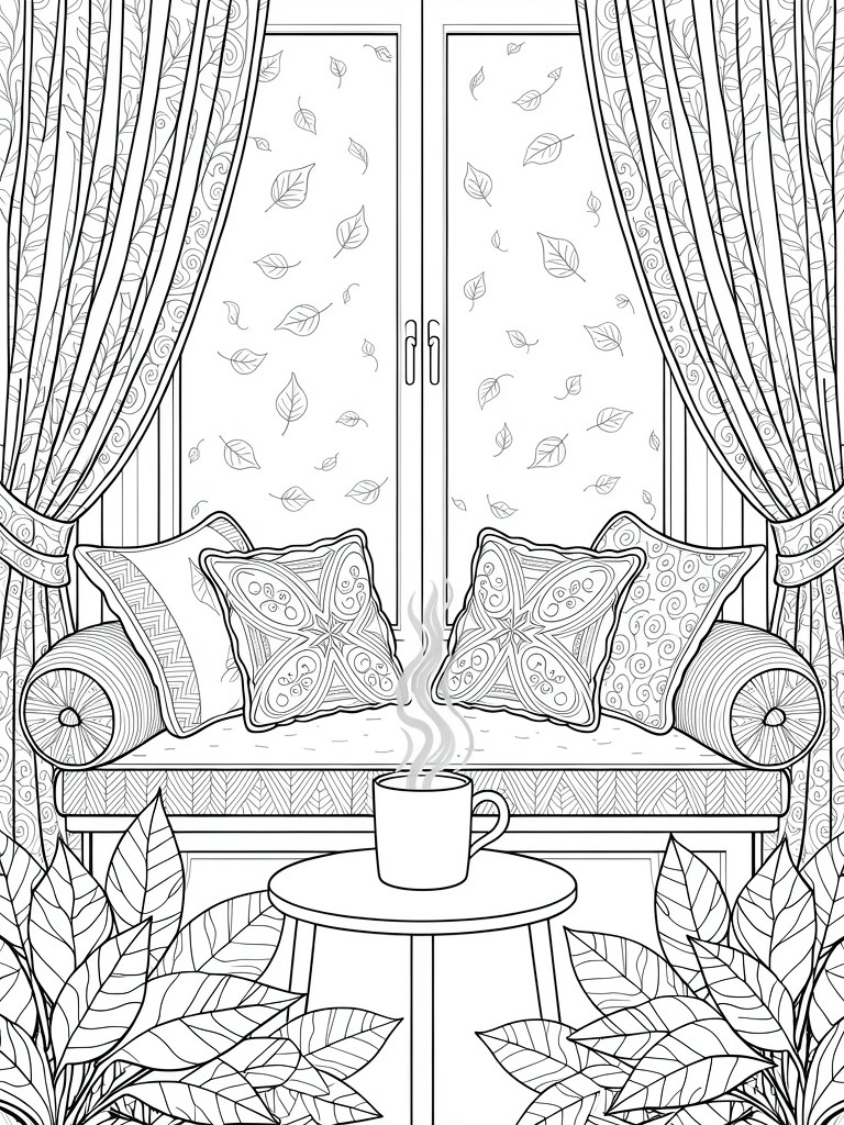 Line art of a window bench with pillows, teacup on table, plants, curtains, and falling autumn leaves outside.