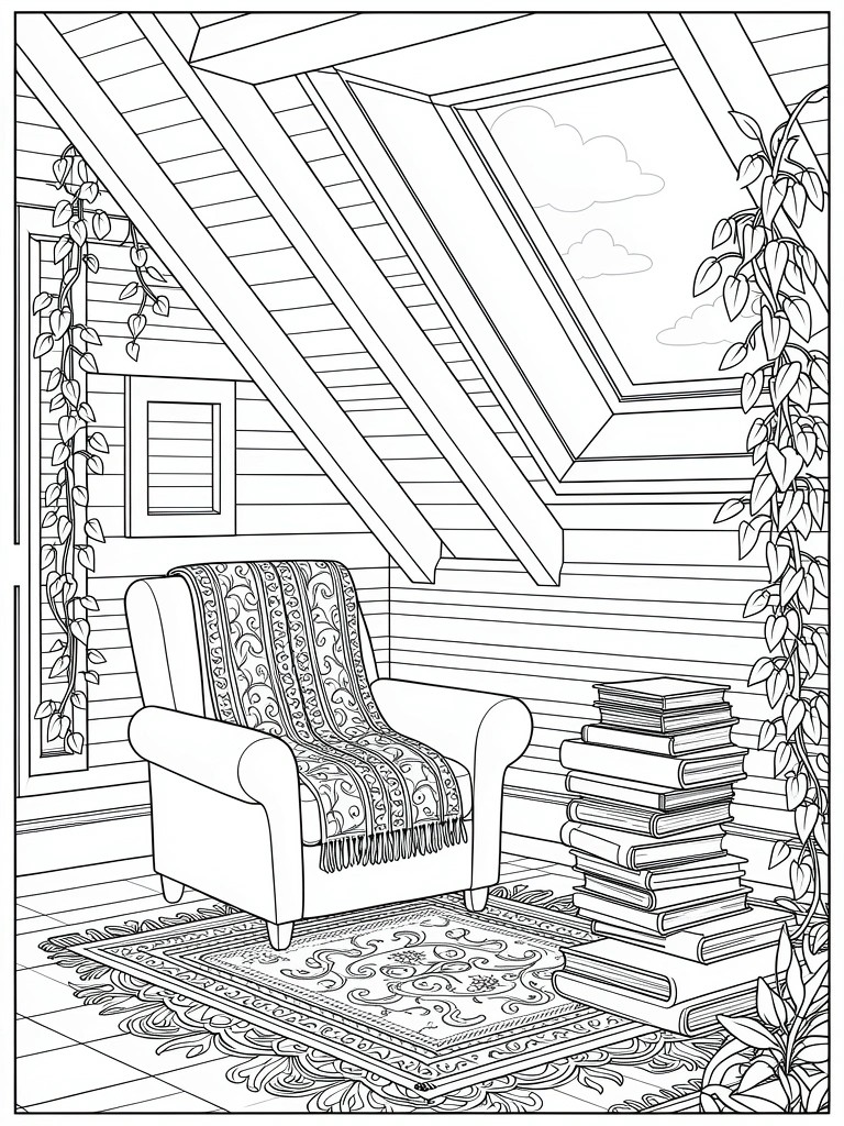 Line art of an attic room featuring slanted ceilings, open skylight, climbing vines, armchair with blanket, stack of books, and patterned rug.