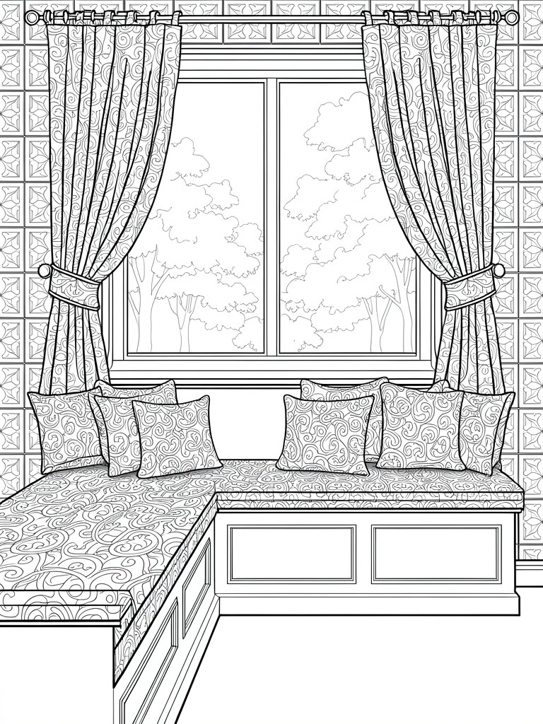 Line art of a corner window seat with patterned cushions, curtains, wallpaper, and trees visible through the window.