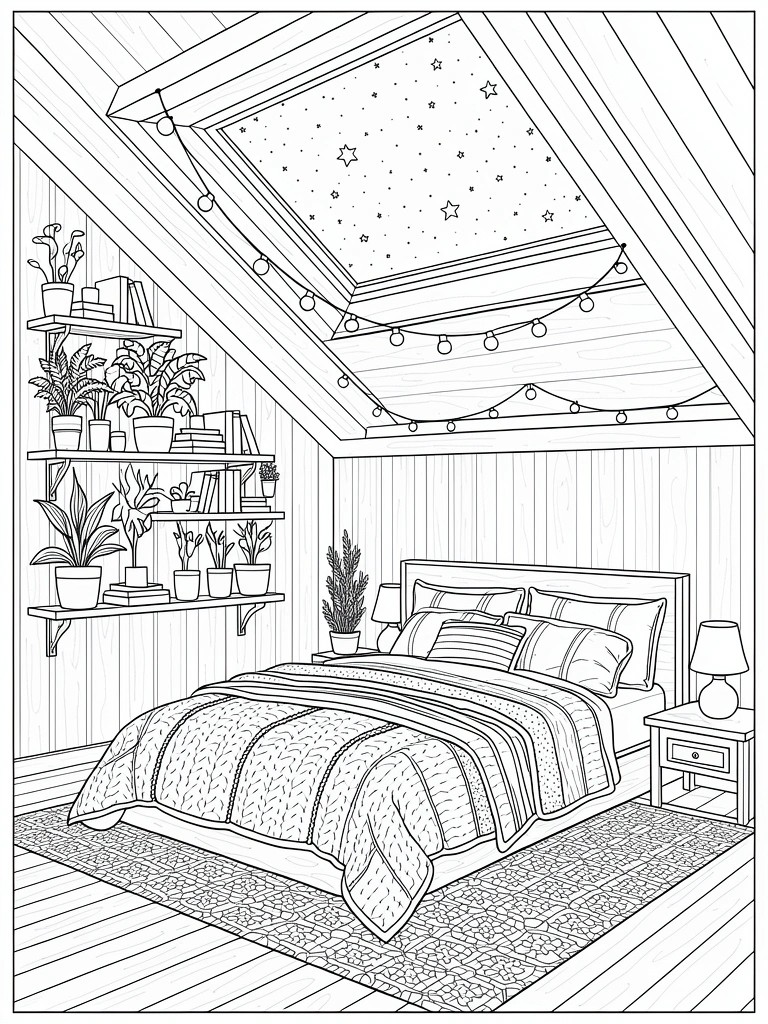 Line art of an attic bedroom with wooden walls, starry skylight, string lights, plant shelves, bed, rug, and lamp.
