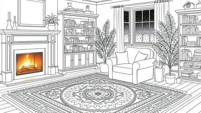 25 Cozy House Coloring Pages for Warm Home Feelings Line drawing of a detailed room corner with bookshelves, starry night window, fireplace, armchair, plants, and patterned rug.