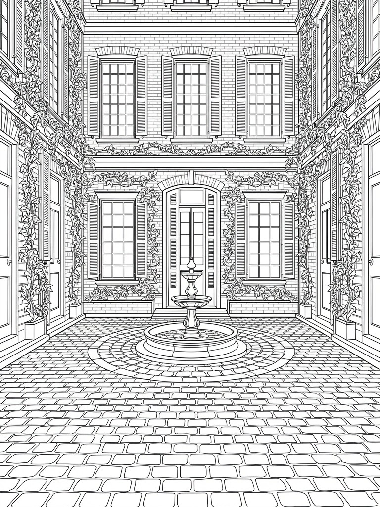 Line drawing of a symmetrical brick courtyard enclosed by ivy-covered townhouse walls, with central fountain and cobblestone ground.