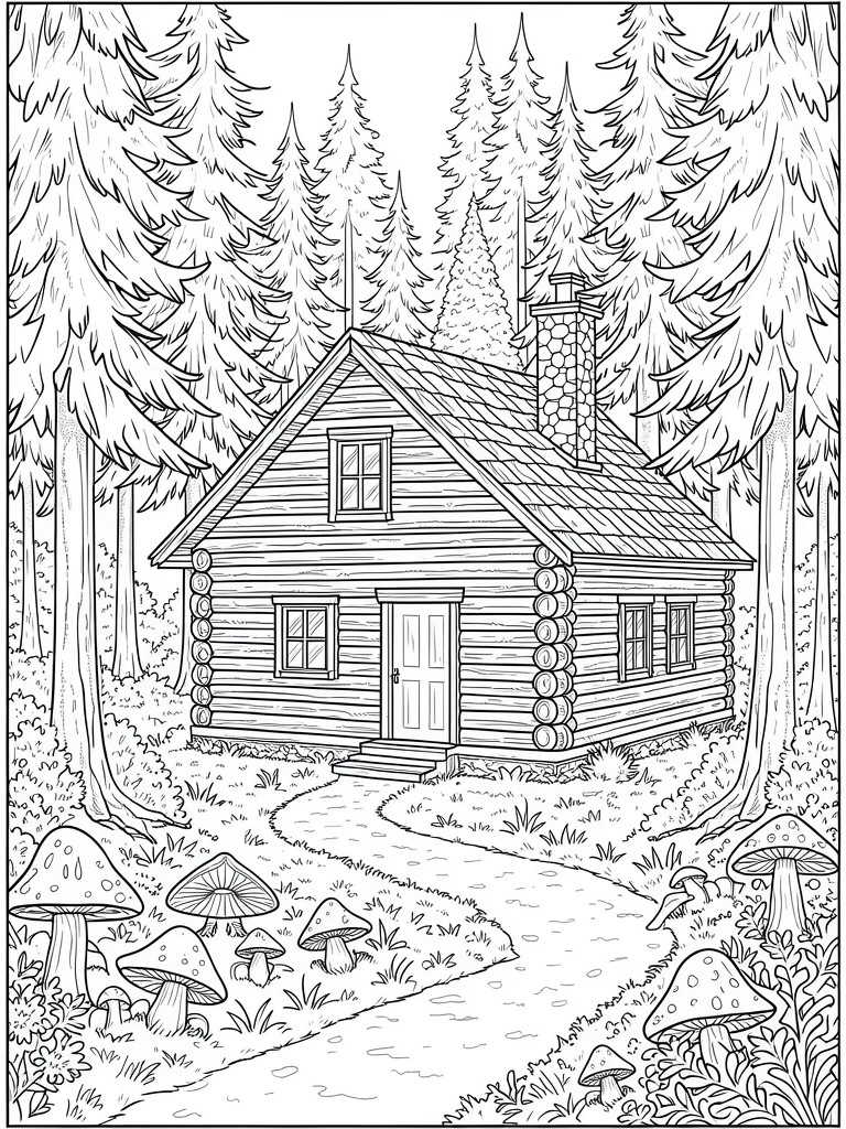 Line drawing of a log cabin in a forest with pine trees, mushrooms along a path to the door, and detailed wood textures.