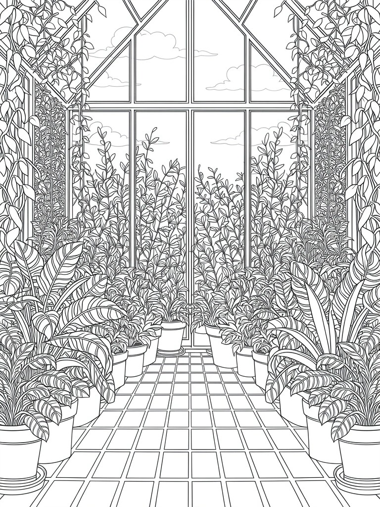 Line drawing of a greenhouse interior featuring a central tiled path lined with potted plants under glass walls and roof with vines.