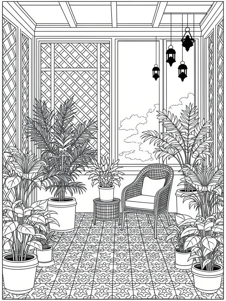 Line art of a screened veranda filled with potted plants, rattan chair and table on patterned tiles, hanging lanterns, and outdoor sky view.