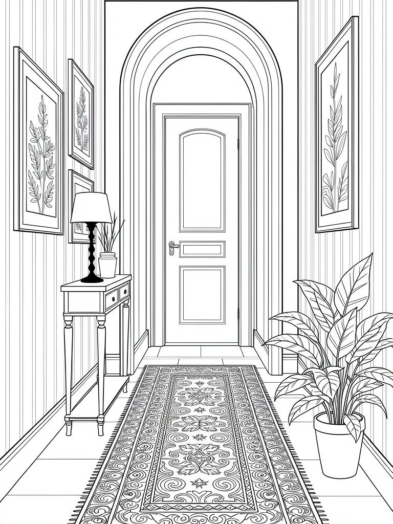 Line drawing of a narrow elegant hallway featuring striped walls, wall art, console table with lamp, patterned rug, potted plant, and arched doorway to a paneled door.
