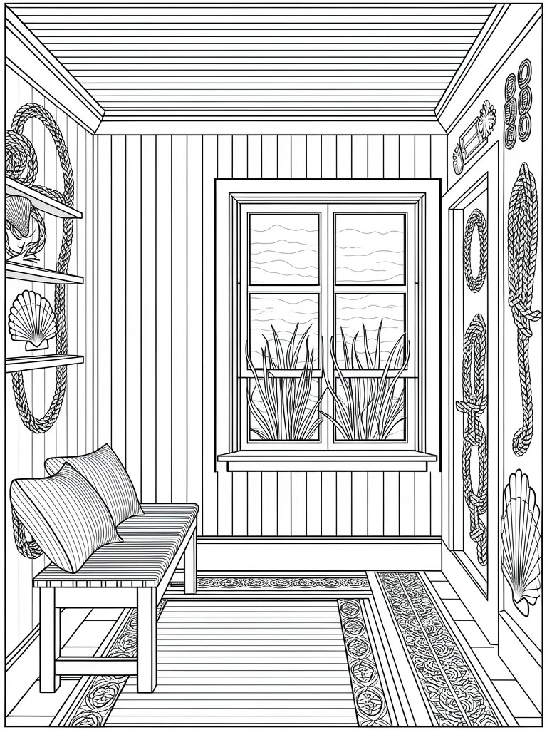 Line drawing of a small nautical-themed room with wooden walls, bench, window sea view, ropes, shells, and rug.