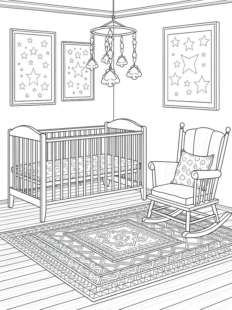 Line art coloring page of a nursery room corner with crib, rocking chair, patterned rug, star frames on walls, and bell chandelier mobile.