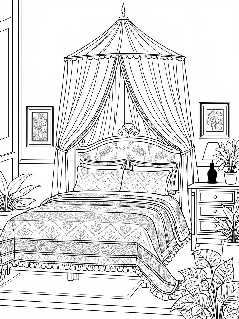 Line art coloring page of a detailed bedroom featuring a central canopy bed with curtains, patterned bedding, nightstand, plants, and wall pictures.