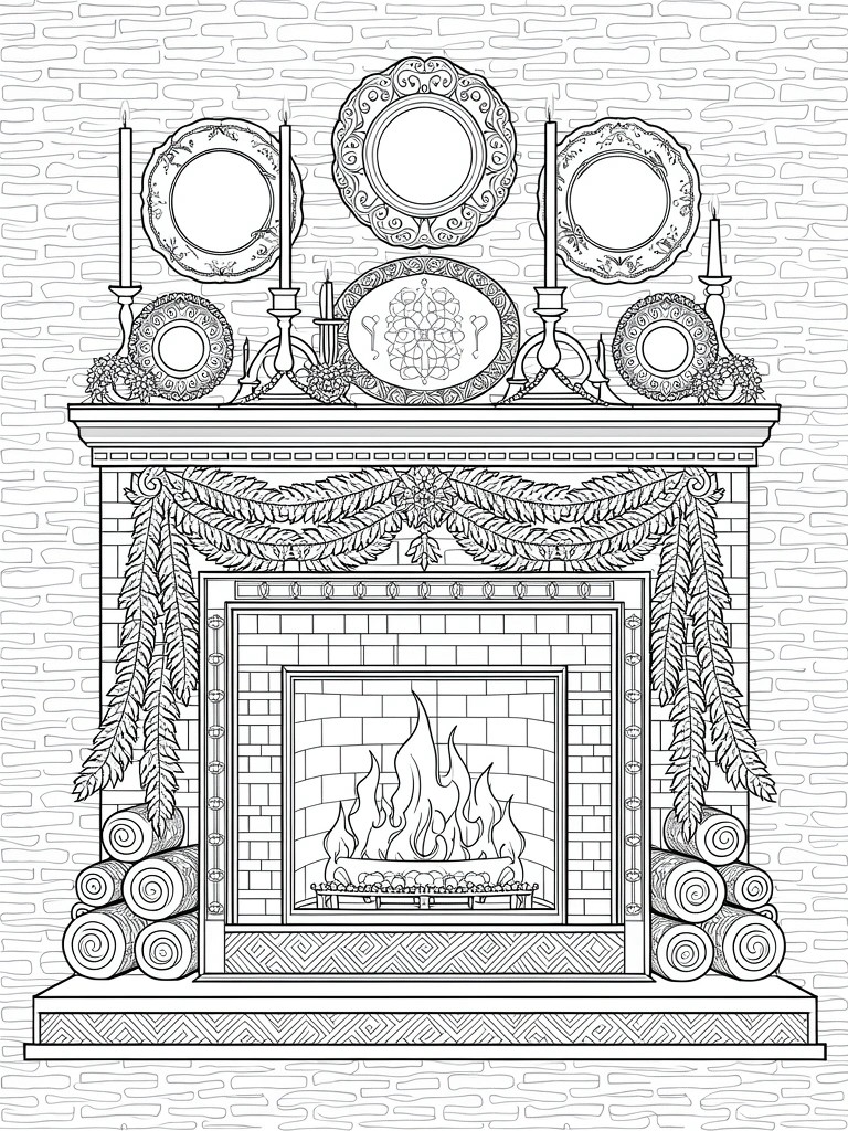 Line art of a fireplace with flames, logs, brick surround, evergreen garlands, plates, and candelabras on the mantel.