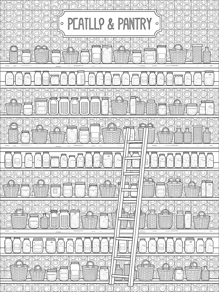 Line drawing of tall pantry shelves filled with jars, cans, baskets, and a ladder leaning against them.