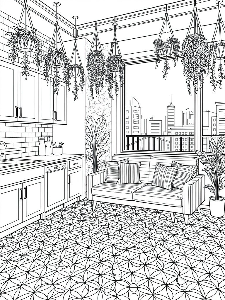 Line art coloring page of a kitchen-living room filled with hanging and potted plants, a couch, cabinets, sink, patterned floor, and large window showing a city skyline.