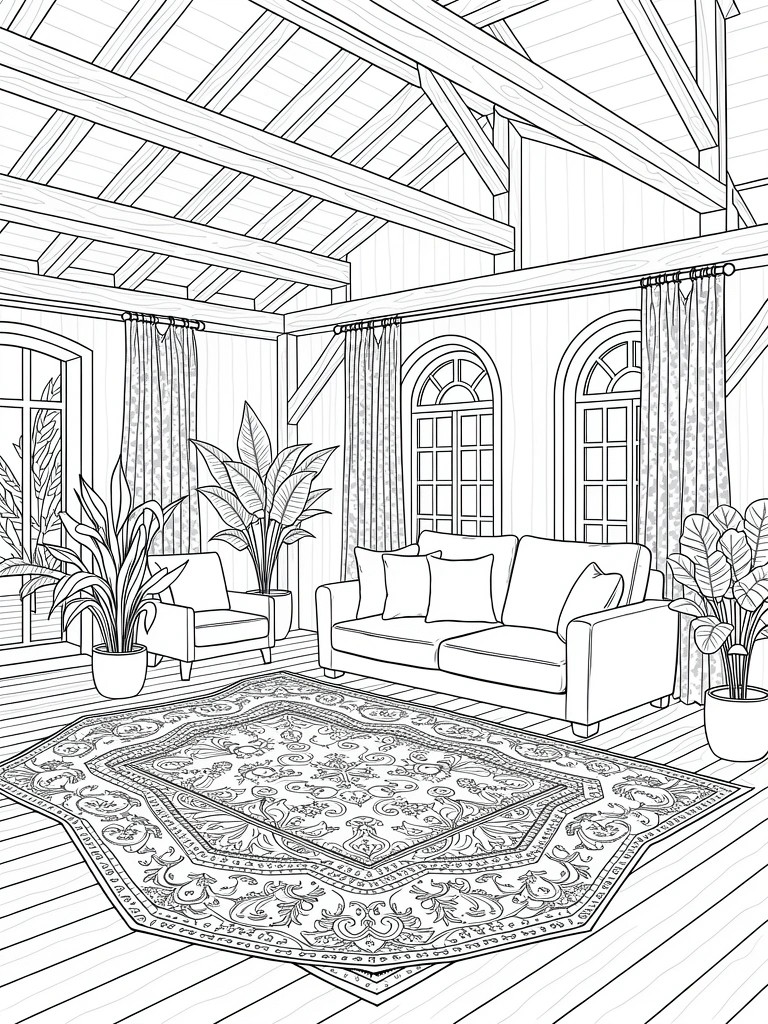 Line drawing of a cozy living room featuring wooden beamed ceiling, arched curtained windows, sofa, armchairs, potted plants, ornate rug, and wooden floor.