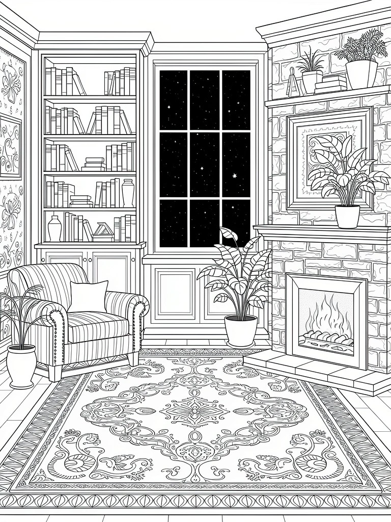 Line drawing of a detailed room corner with bookshelves, starry night window, fireplace, armchair, plants, and patterned rug.