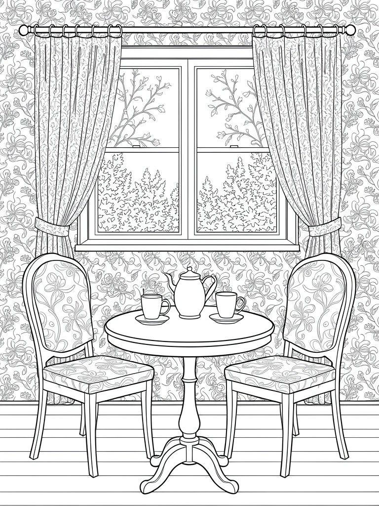 Line drawing of a cozy room interior with floral wallpaper, curtained window showing snowy trees outside, round table with teapot and cups, and matching chairs.