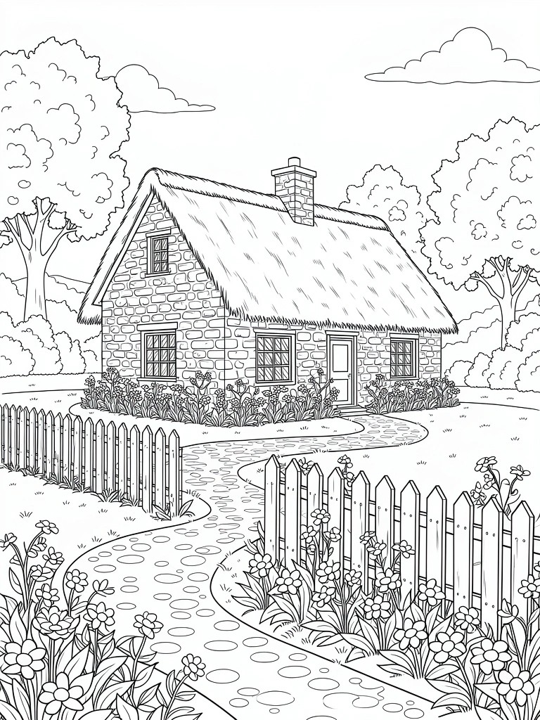 Line art coloring page of a stone cottage with thatched roof, door, windows, picket fence, winding path, flowers, bushes, trees, and cloudy sky.