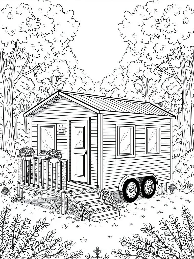 Line drawing of a small wooden trailer house with porch and wheels parked amid trees and plants in a forest.