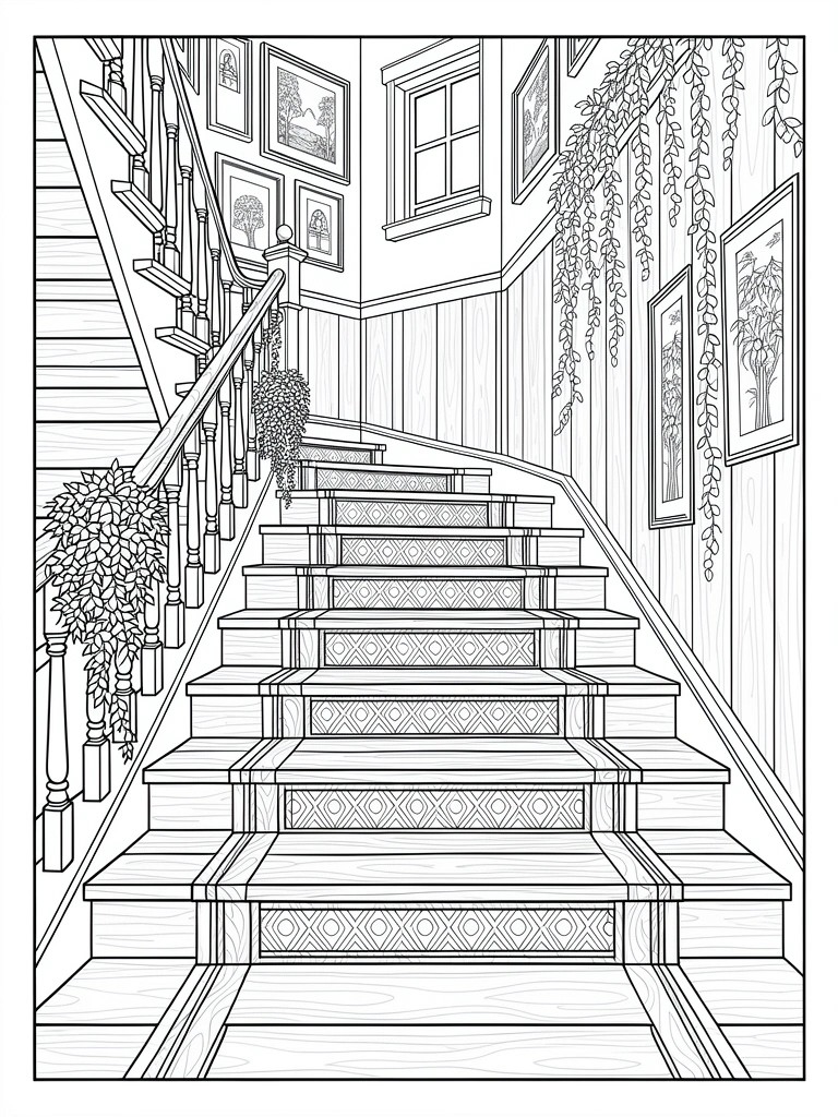 Line art coloring page of a curving wooden staircase in a hallway with framed pictures on paneled walls, potted plants, hanging vines, and a patterned stair runner.