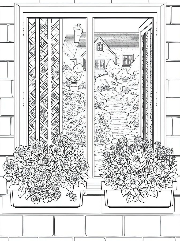 Black and white line drawing of an open window with flower boxes on a brick wall, viewing a garden path, bushes, and houses.