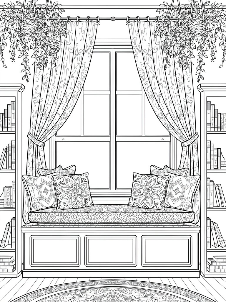 Line art of a cushioned window bench seat with pillows between bookshelves, under patterned curtains and hanging plants on a rug.