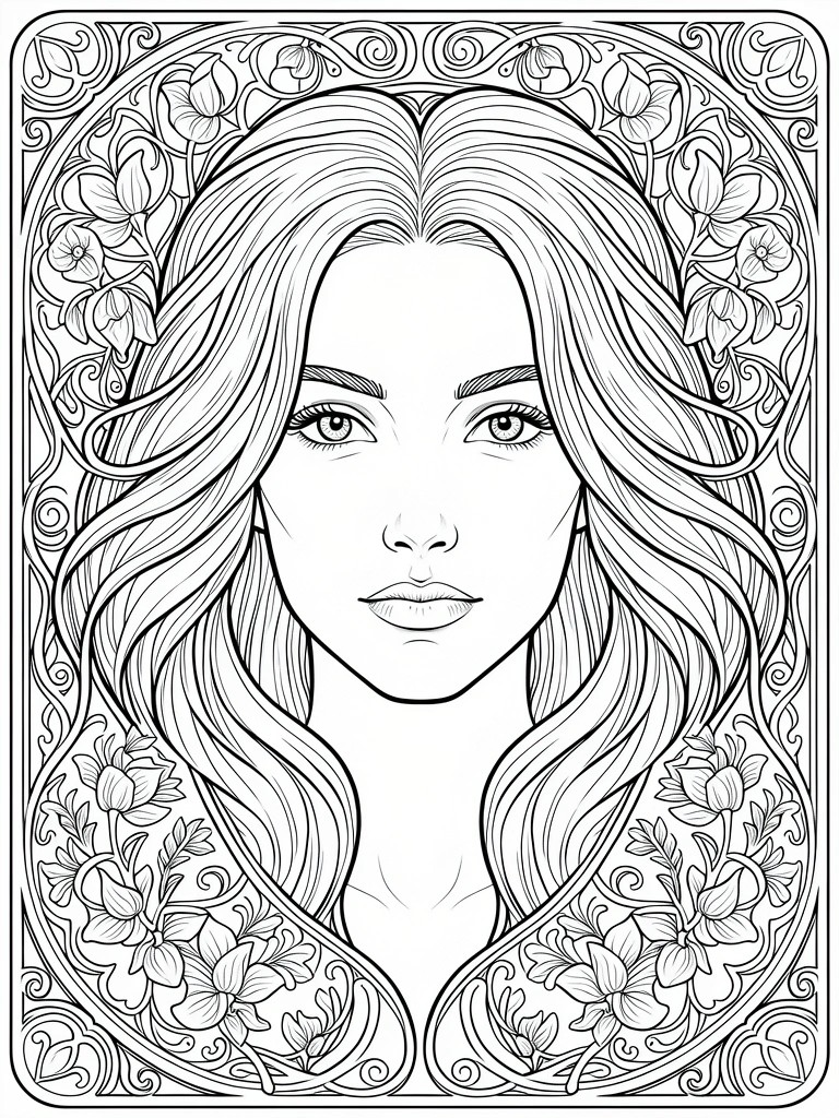 Black line art coloring page featuring a woman's portrait framed by Art Nouveau narcissus flowers and swirling vine patterns.