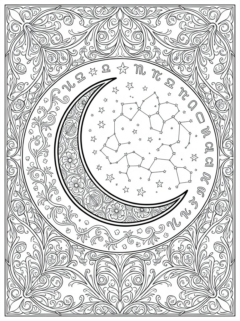Line art coloring page of Cancer zodiac constellation and letters inside a crescent moon with stars, swirls, and floral borders.