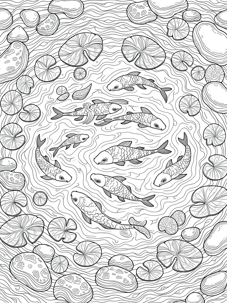 Line art coloring page of koi fish circling in a pond with surrounding lily pads, pebbles, and wavy water.