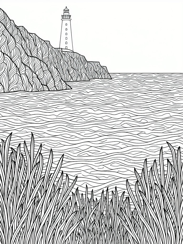 Line art coloring page of a lighthouse on wavy-patterned cliffs above ocean waves with tall grasses in the foreground.