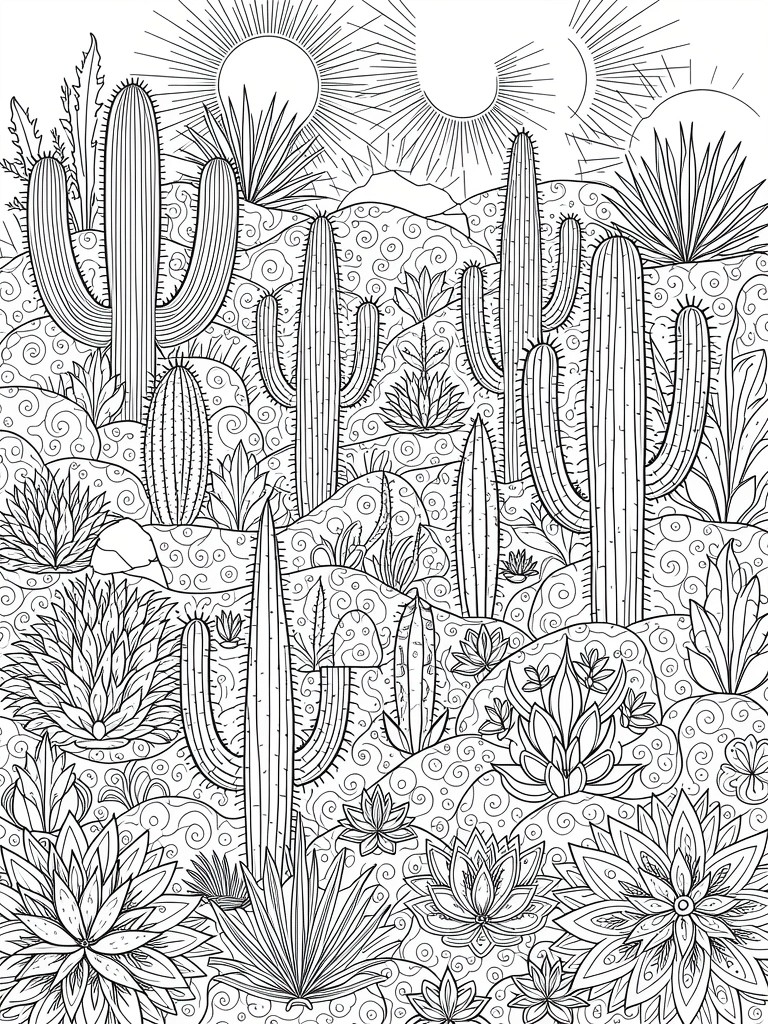 Black line art coloring page of a detailed desert scene with many cacti, succulents, wavy hills, rocks, distant mountains, and several suns in the sky.