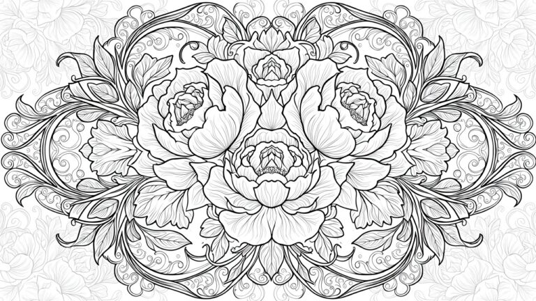 Symmetrical line art mandala with a large central rose, smaller surrounding roses, leaves, and vines in black ink on white.