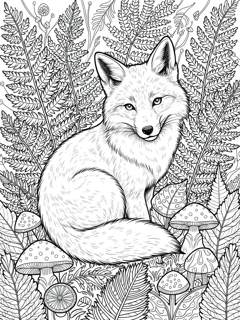 Line art coloring page of a fox sitting surrounded by ferns, mushrooms, and forest foliage.
