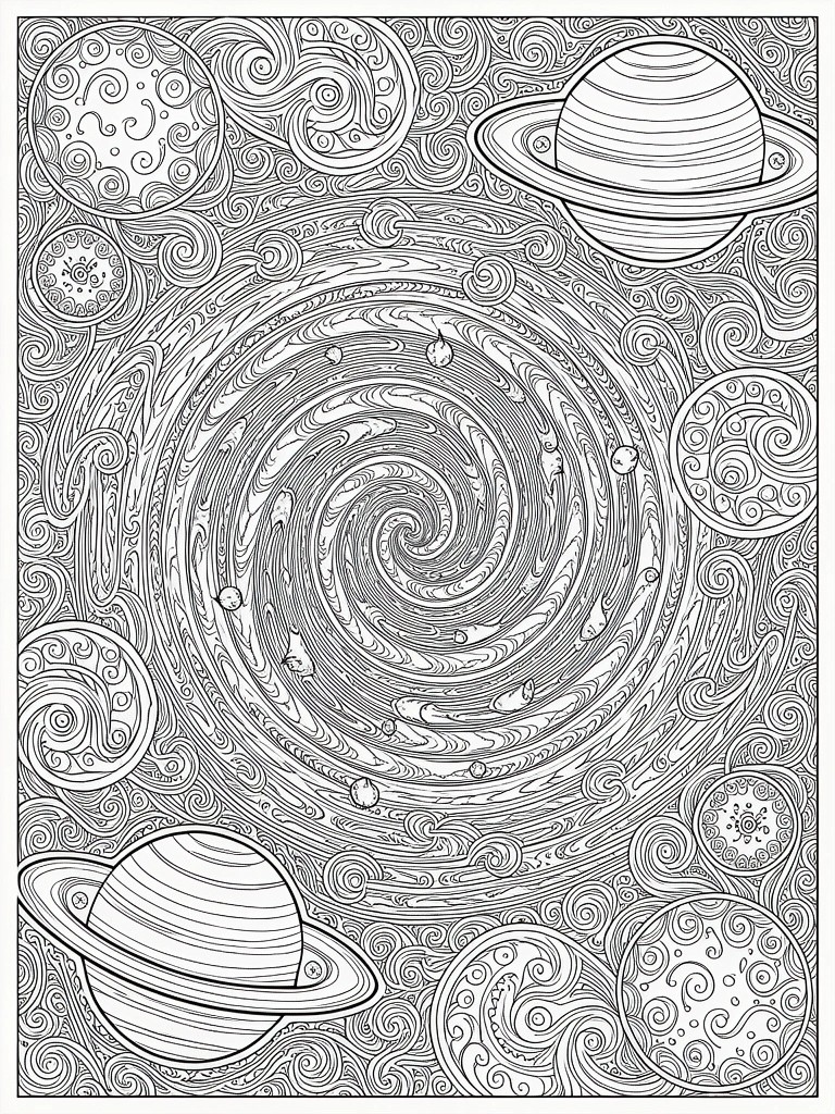 Black and white intricate line art of a central swirling galaxy spiral surrounded by ringed planets and cosmic patterns.