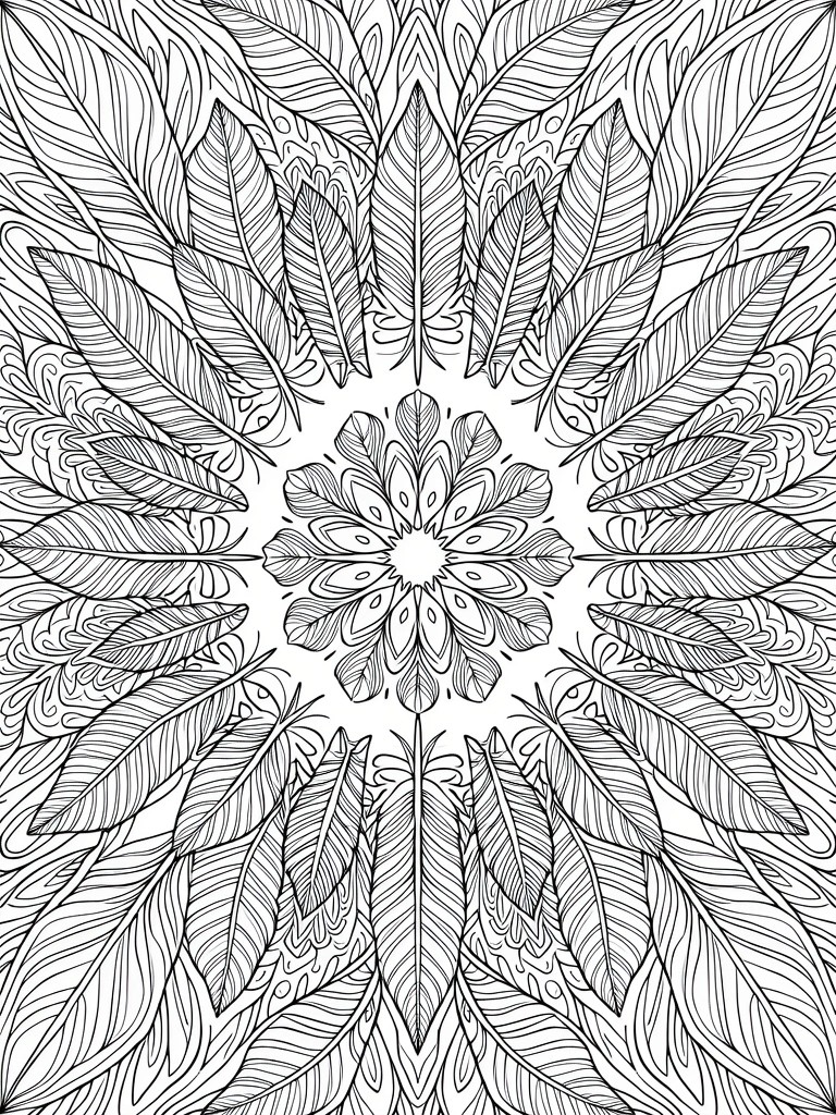 Black and white line drawing of a symmetrical mandala made from detailed feathers radiating from a central floral pattern.