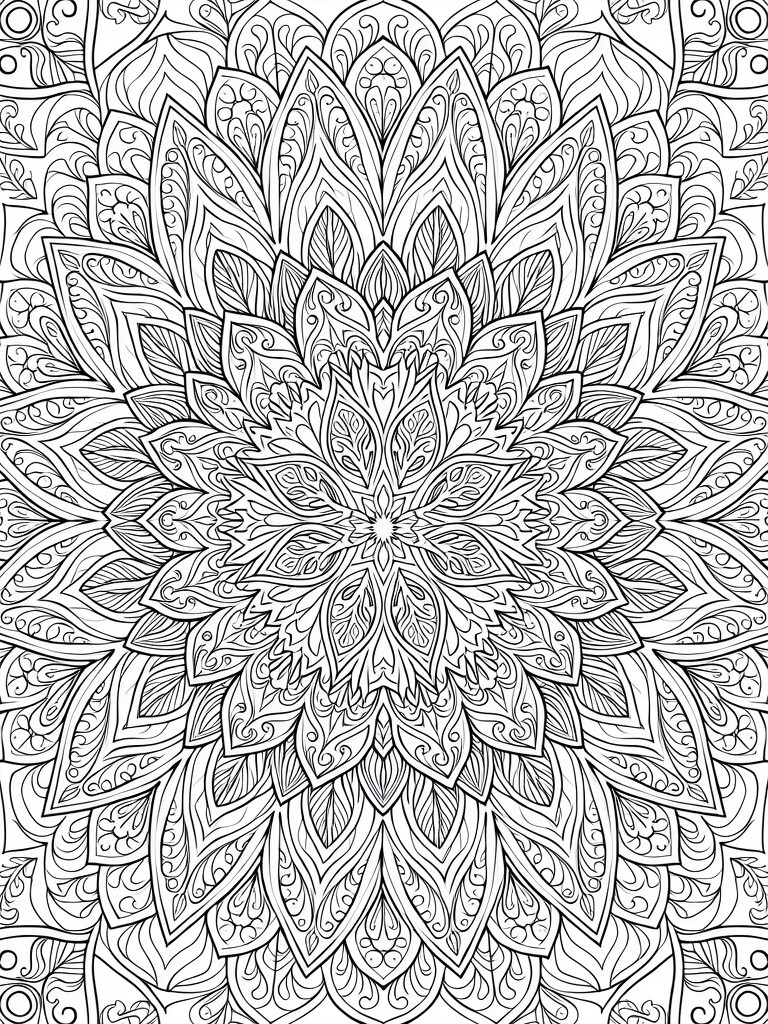 Black line art coloring page of a highly detailed symmetrical mandala with layered floral petals, leaves, vines, and geometric patterns.