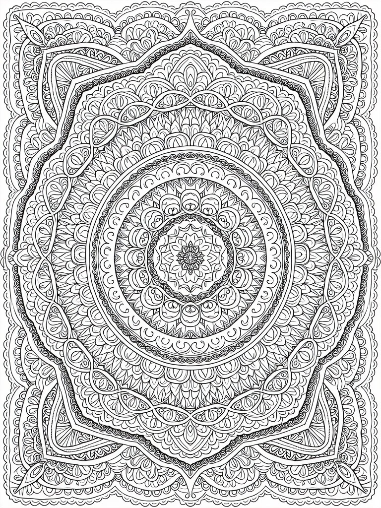 Black line art coloring page featuring a highly detailed symmetrical mandala with floral, geometric, and lace-like patterns in a square format.