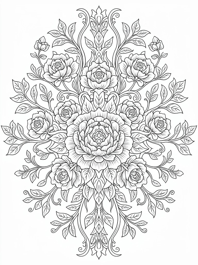 Symmetrical line art mandala with a large central rose, smaller surrounding roses, leaves, and vines in black ink on white.