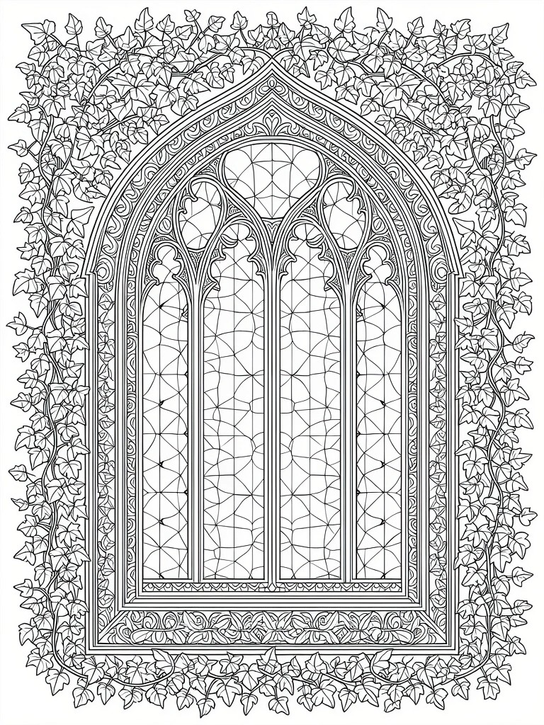Line art coloring page of a tall Gothic arched window with five pane tracery framed entirely by dense ivy vines.