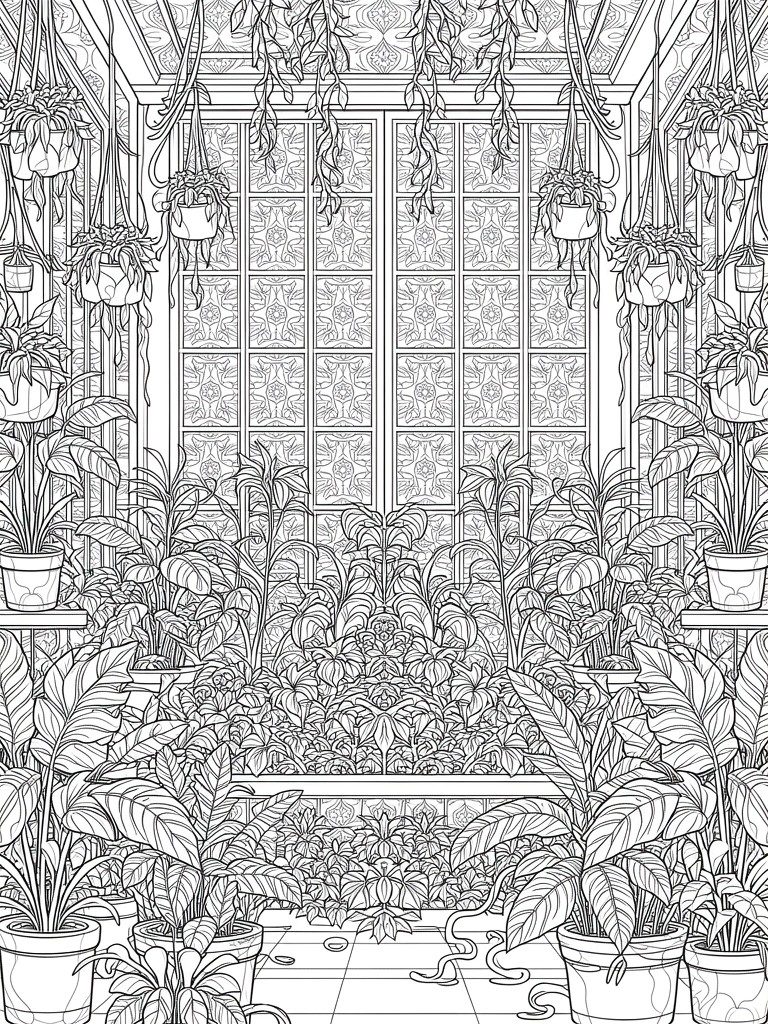 Black line art coloring page depicting a plant-filled indoor conservatory with a large ornate latticed window, hanging pots, shelves of foliage, and tiled floor.