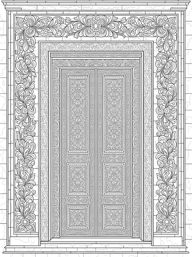 Line art coloring page of a detailed ornate double door with paneled surfaces and floral arch frame.