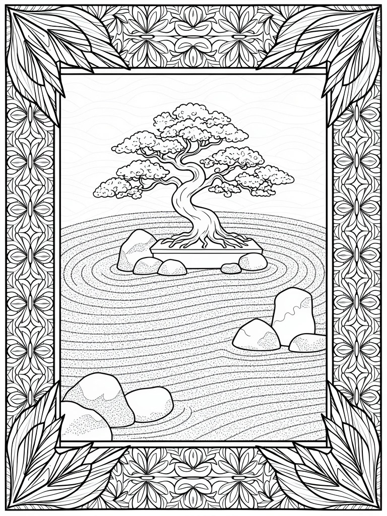 Line art coloring page of a bonsai tree on a rocky island in a gravel Zen garden, surrounded by rocks and enclosed in a floral border frame.