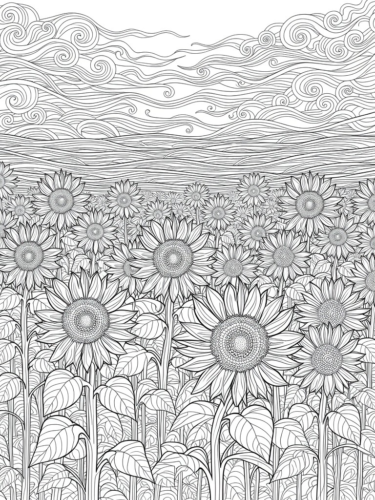 Black line art coloring page of a dense sunflower field in the foreground, rolling hills behind, and swirling cloud patterns filling the sky.