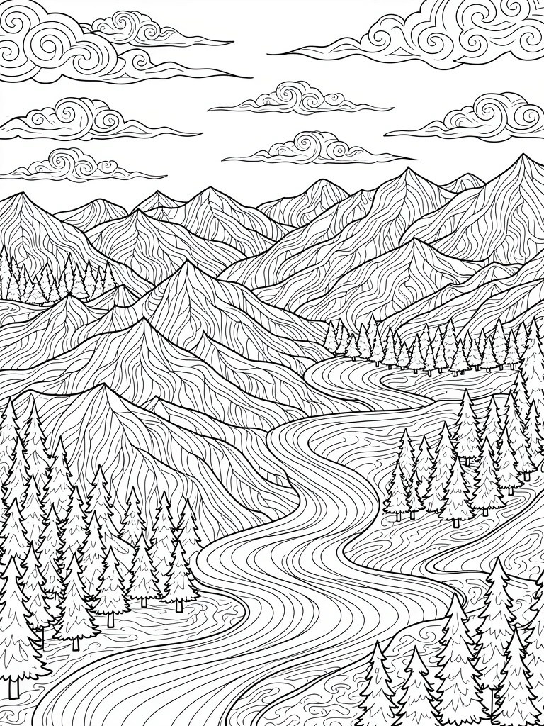 Black and white line art coloring page depicting layered mountains, swirling clouds, a winding river, and pine trees in intricate swirling patterns.