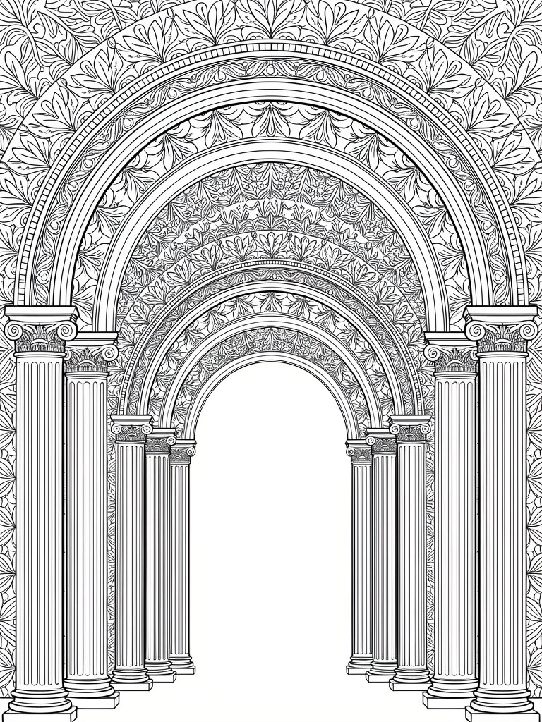 Line drawing of a grand hall with multiple layered arches, columns, and floral patterns in symmetrical layout.