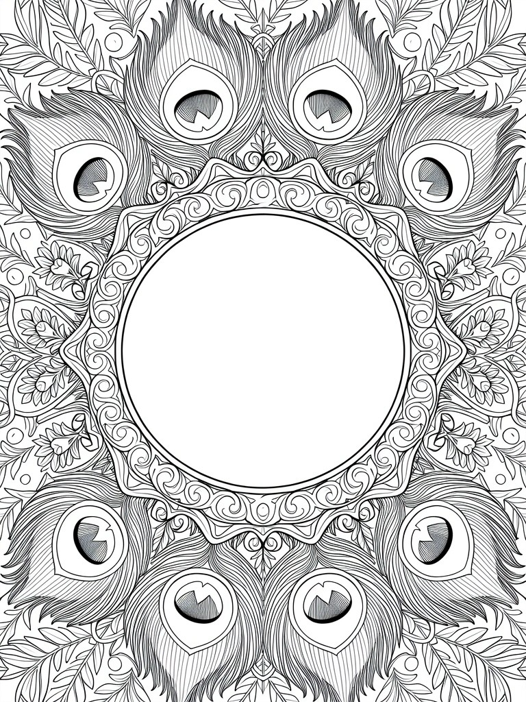 Line art coloring page featuring multiple peacock feathers arranged symmetrically around a central blank circle with leaf and floral border patterns.