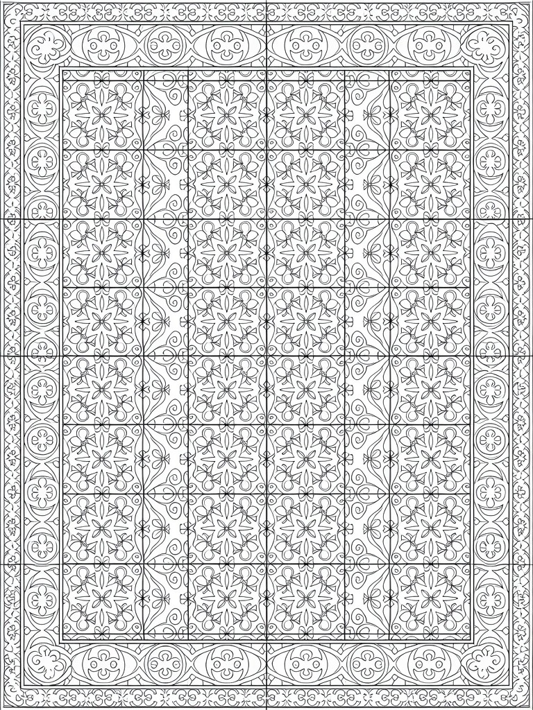 Black line art coloring page depicting a rectangular Persian-style rug with ornate borders and a grid of symmetrical floral patterns.
