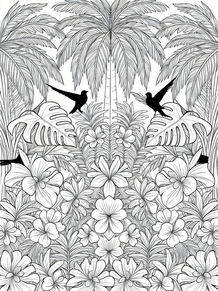 Black line art coloring page featuring symmetrical tall palm trees, flying birds, monstera leaves, and clustered hibiscus flowers in a tropical jungle scene.